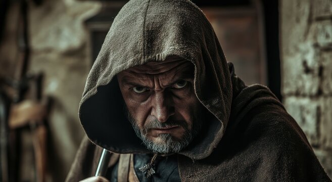 Medieval inquisitor in the hood with tools focused on the monk