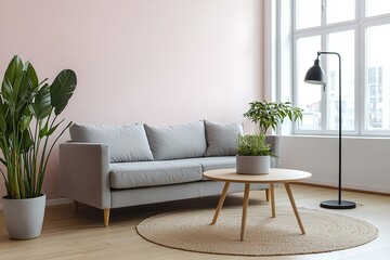 Modern Scandinavian interiors in the living room with light pink finished walls and windows, sofas, tables and stand lights. Generative AI
