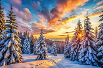 A tranquil snowy forest blanketed in white, towering pine trees create a serene winter wonderland, perfect for nature and landscape photography enthusiasts to explore.