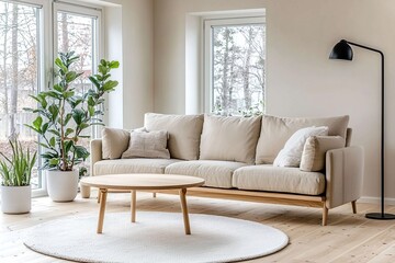 Modern Scandinavian interiors in the living room with beige-lined walls and sofa and table, windows, and potted plants. Generative AI
