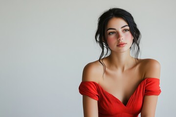 Fototapeta premium Mediterranean model wearing red dress poses freely in studio with white background Copy space available