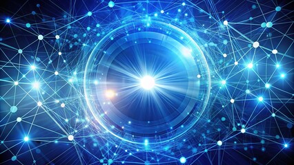 Obraz premium A vibrant blue digital network background illuminated by glowing lights and white circles symbolizes technology and innovation, emphasizing the dynamic intersection of creativity and connectivity.