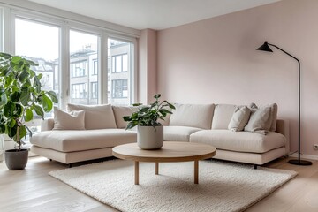 Modern Scandinavian interiors in the living room with light pink finished walls and windows, sofas, tables and stand lights. Generative AI
