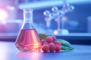 Colorful laboratory experiment with raspberry extract in a flask surrounded by fresh raspberries and green leaves.