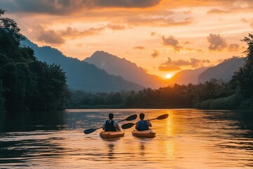 Men and women kayaking on a tropical island river at sunset