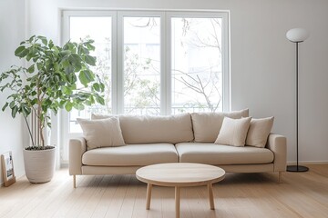 Fototapeta premium Modern Scandinavian interiors in a living room with white-finished walls and sofas and windows, tables and pots. Generative AI 