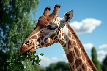 Obraz premium Hyper-realistic image of a giraffe eating leaves from a tree, with every leaf and spot on the giraffe rendered in vivid detail, representing the natural behavior of giraffes in the conservation