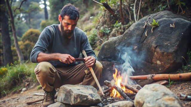Handmade Spear Sharpening by a Survivalist in Nature - Powered by Adobe