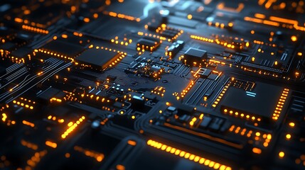 Obraz premium Bright orange wires cross over a blue computer screen background