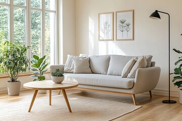 Modern Scandinavian interiors in the living room with beige-lined walls and sofa and table, windows, and potted plants. Generative AI
