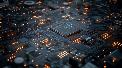 Obraz premium A computer screen displaying blue background with glowing orange wires