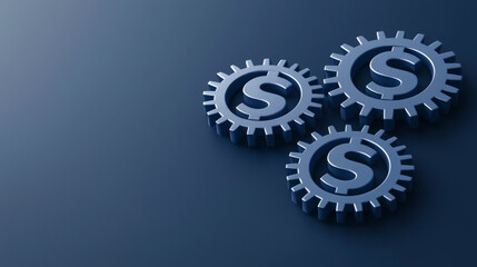 Three metallic gears with dollar signs represent finance and industry. Ideal for business, investment, and economic themes.
