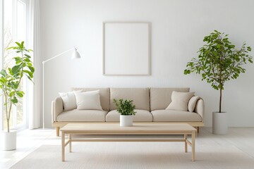 Modern Scandinavian interiors in a living room with white-finished walls and sofas and windows, tables and pots. Generative AI
