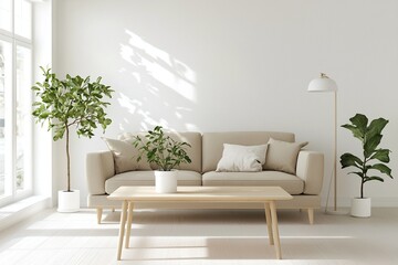 Modern Scandinavian interiors in a living room with white-finished walls and sofas and windows, tables and pots. Generative AI

