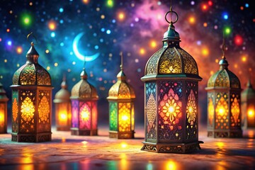 Obraz premium Celebrate Ramadan with a stunning 4K animated Islamic lantern background, perfect for enhancing your festivities and creating a vibrant atmosphere for the holy month.