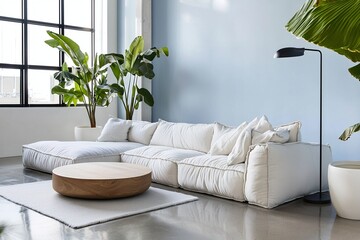 It's a modern Scandinavian interior in the living room, finished with sky-blue walls and with windows and a sofa and table. Generative AI
