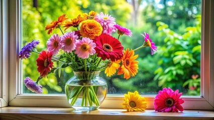 Colorful Flowers in a Window: A Bright and Cheerful Home Decor Element for Spring and Summer Interiors