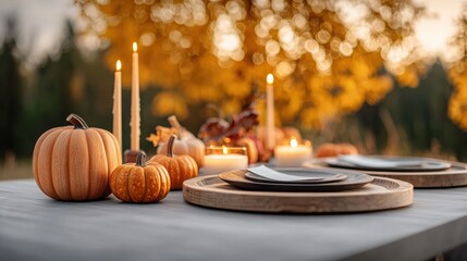 Autumn table setting with pumpkins and candles outdoors, creating cozy atmosphere.