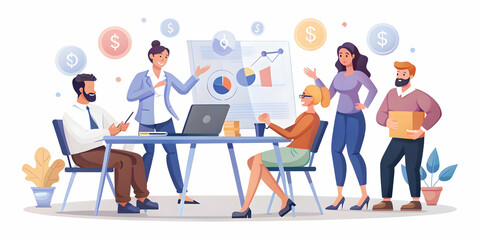 Candid Image of Marketers Planning a Currency Themed Advertising Campaign Around a Table with Notes and Currency Symbol Sketches, Isolated on White Background - Creative Process Revealed in Photo Stoc
