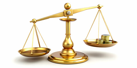 Flying Golden Scales Balancing Money and Time Symbolizing Effective Time Management in Business - A Detailed Image with Clock and Currency on White Background