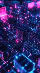 Fototapeta premium Cube structure bathed in vibrant blue and pink neon lights