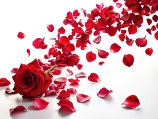 Delicate red rose petals drift gracefully on a white backdrop, crafting a scene of romance and elegance, invoking feelings of love and serenity in the air.