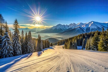 Forced perspective ski slope with mountain forest and sun background