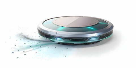 Flat Holographic Robot Vacuum with Unique Floating Cleaning Path Concept - Pan Shot on White Floor Showcasing Holographic Path & Dirt Particles