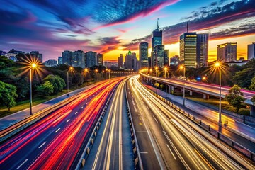 Obraz premium Dynamic urban highway scene at dusk, featuring high-speed traffic. Motion blur captures the energy, while abstract light trails add a vibrant, artistic touch to the scenery.