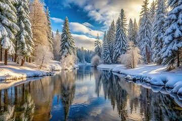 Fototapeta premium Forced perspective snowy panorama of a winter forest with trees and a river covered in snow