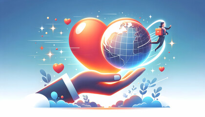 Fototapeta premium Flat Vector Illustration of a Glowing Heart and Globe Floating Together on White Background, Symbolizing Global Love and Human Rights Unity Concept for Human Rights Day.