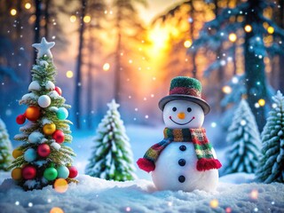 Obraz premium Embrace the magic of winter with a charming snowman nestled in a snowy forest, perfect for spreading festive joy and holiday cheer this season.