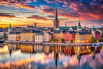 Fototapeta premium Experience the charm of Stockholm's skyline with this pastel cityscape poster, featuring a soothing color palette perfect for contemporary home decor. Transform your space beautifully.