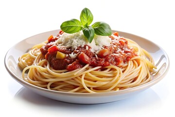 Forced perspective spaghetti with tomato sauce parmesan and mozzarella cheese decorated with basil on white background