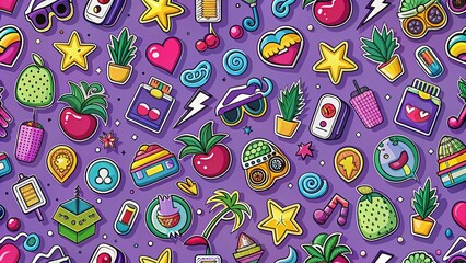 Fun 80s Cartoon Comic Style Seamless Pattern with Slang Words Patches and Stickers on Lavender Background for Creative Projects