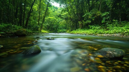 Tranquil Stream Flowing Through Lush Greenery