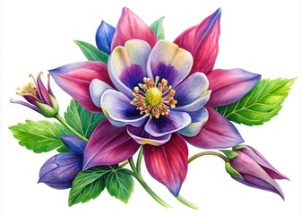 Fototapeta premium Hand-painted watercolor illustration of columbine flowers, perfect for botanical designs, greeting cards, articles, and elegant invitations. Ideal for adding a natural touch to your projects.