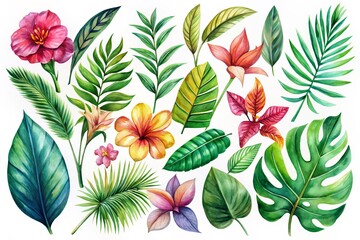 Obraz premium Vibrant watercolor set featuring tropical leaves and flowers perfect for illustrations, creative projects, and