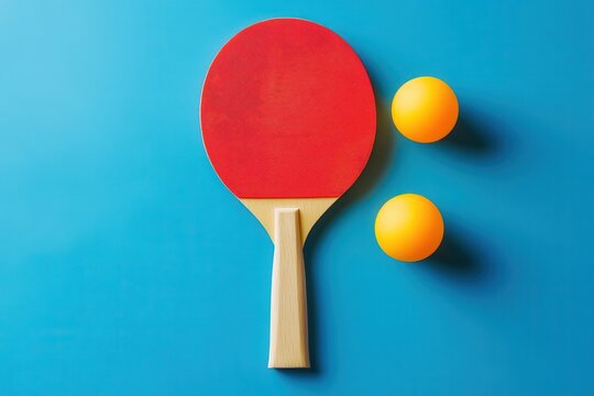 Minimal style table tennis racket with yellow balls on blue background Top view copy space