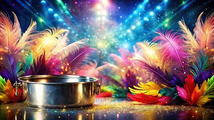 Forced perspective steelpan in the carnival amidst feathers and sequins