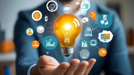 A businessman holding a creative light bulb, representing industry networks, analysis solutions, and marketing strategies, highlighting innovation and strategic planning in business