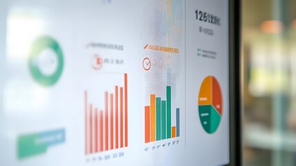 Close-up of digital screen showing labor market graph with job openings and employment rates, office setting with copy space for text overlay