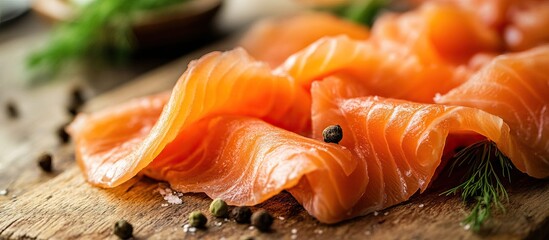 Smoked Salmon Slices on a Wooden Board