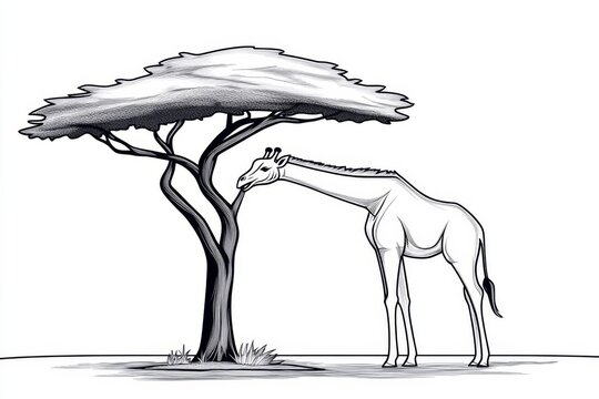 recommend clip art: Simple line art of a giraffe feeding from a tree, capturing the essence of giraffe conservation in a minimalist form
