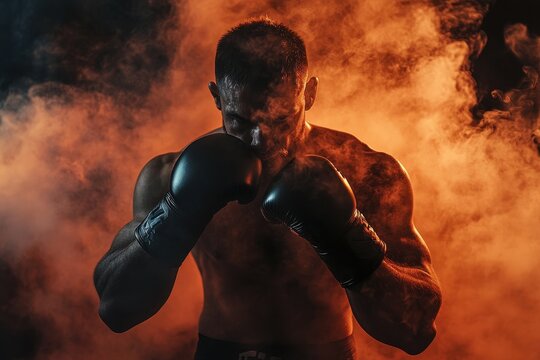 MMA fighter in black gloves poses with smoke in background