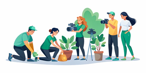 Fototapeta premium Flat Candid Community Service Project concept as A candid shot of employees participating in a community service project focused on environmental growth. The camera captures genuine moments of teamwor