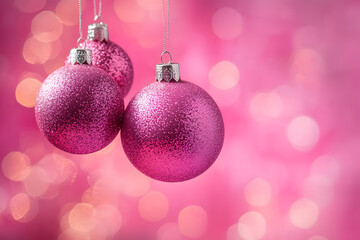 Obraz premium Three glittery pink baubles hanging against a vibrant pink background with soft bokeh, creating a bright and festive look.