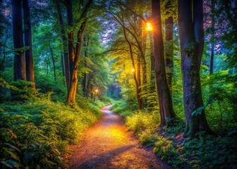 Fototapeta premium Stroll through a tranquil forest path, embraced by vibrant greenery and the soothing sights and sounds of nature, offering peace and rejuvenation for the spirit.