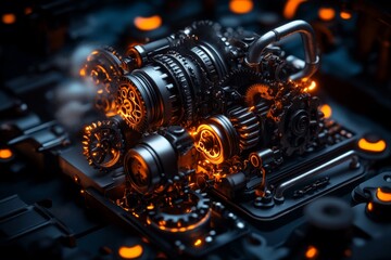 Steampunk engine with moving gears and iron pipes, driving a complex machine while releasing steam from various vents