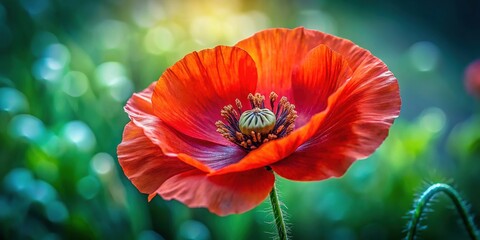 Obraz premium Stunning Closeup of a Vibrant Red Poppy Flower with Delicate Petals and Rich Green Background for Nature Lovers' Inspiration